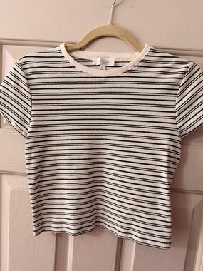 A New Day Striped Short Sleeve Tee - White & Dark Green